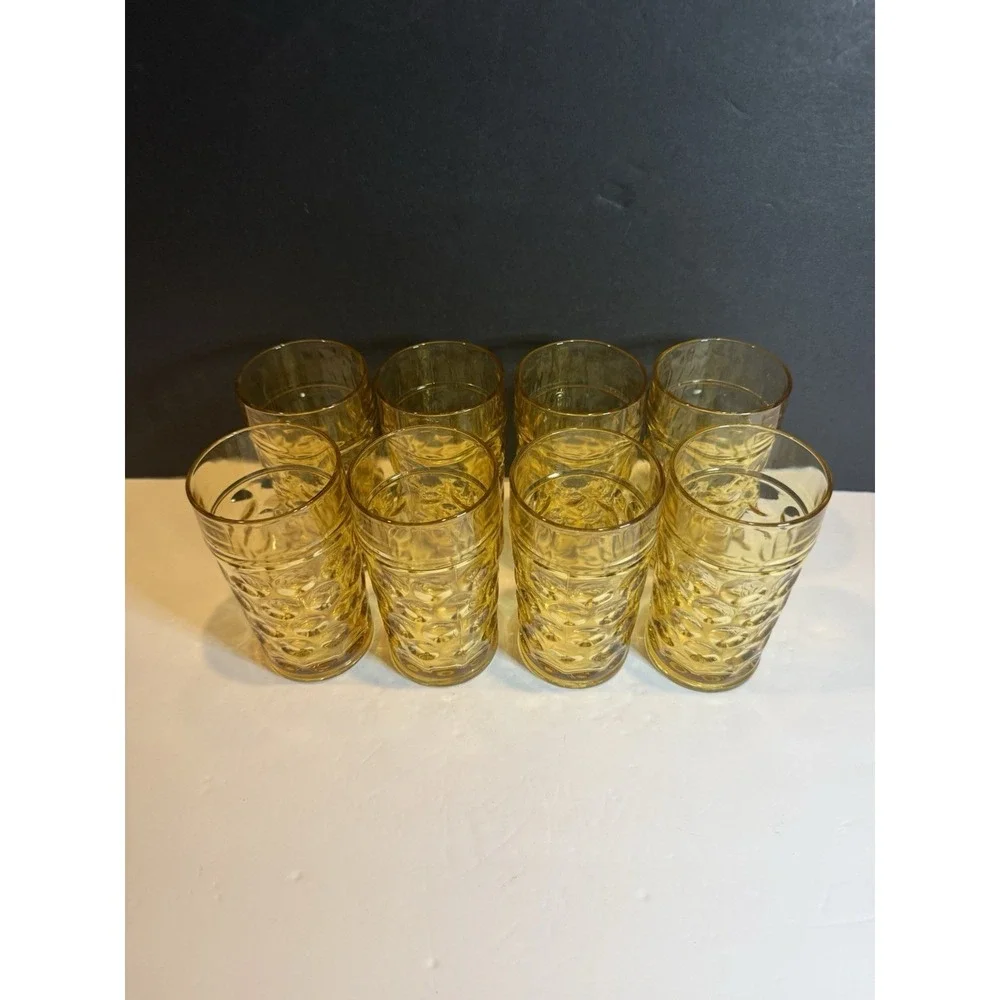 Vintage Hazel Atlas Eldorado Amber Dots 8 oz Tumblers Set of 8 Glasses MCM